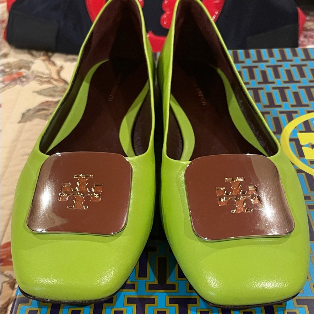 Tory Burch Lime Green Leather Flats with Brown & Gold Logo Plaque